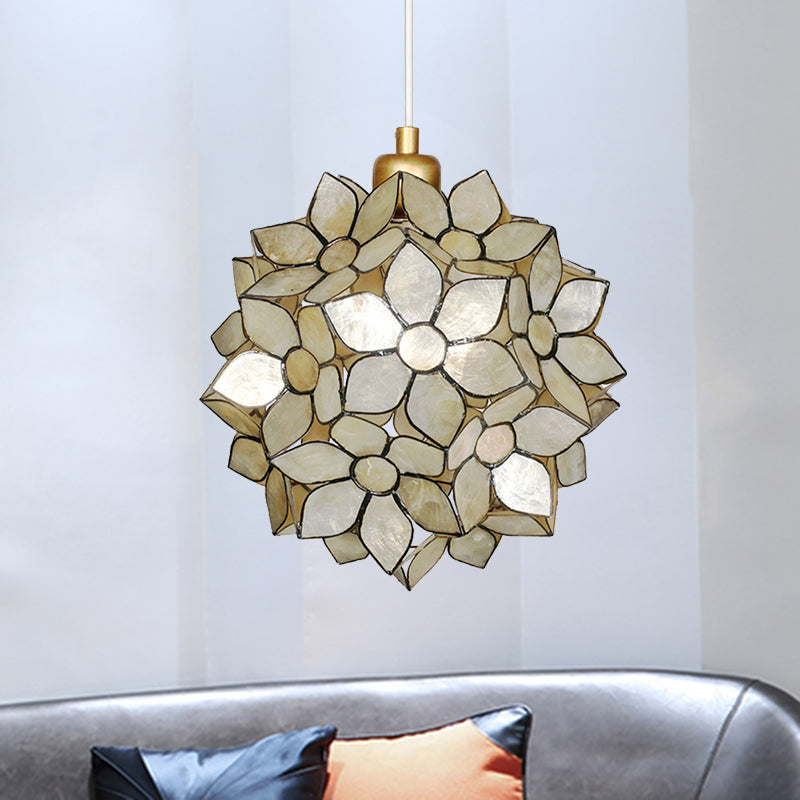 Modern Shell Globe Pendant: Elegant 1-Light Hanging Ceiling Fixture In White/Beige