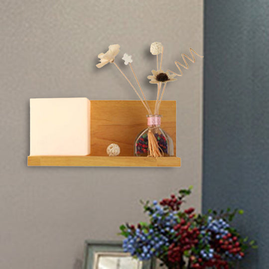 Beige Wall Lamp With Modern Cube Shade - Bedroom Sconce Light