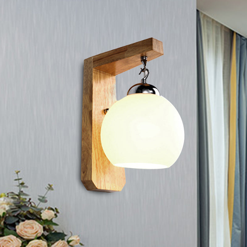 Modern Opal Glass Globe Wall Light With Wood Base - White Sconce For Bedroom