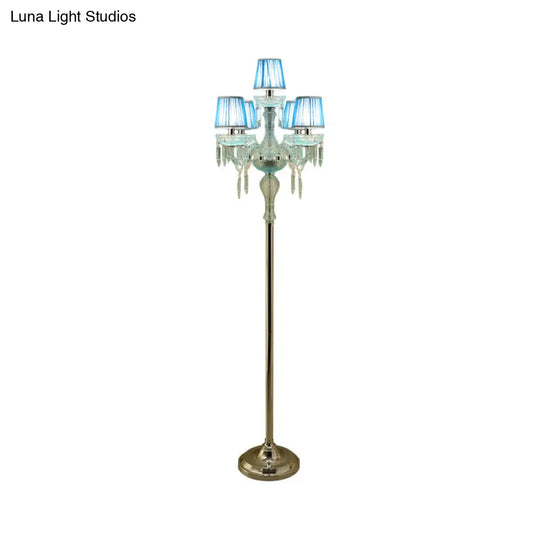 5/6/7-Bulb Traditional Crystal Candelabra Floor Lamp In Blue With Pleated Shade