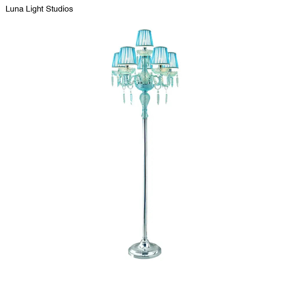 5/6/7-Bulb Traditional Crystal Candelabra Floor Lamp In Blue With Pleated Shade