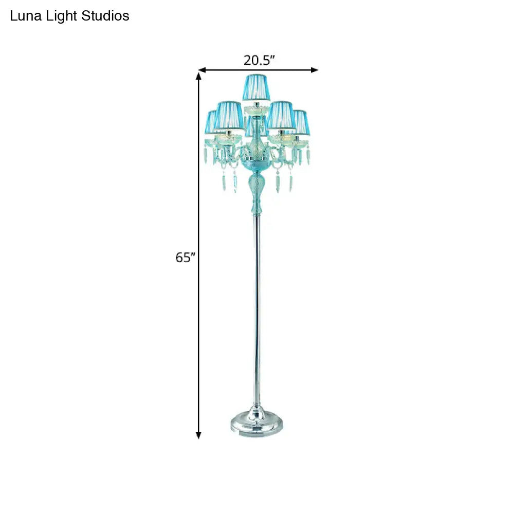 5/6/7-Bulb Traditional Crystal Candelabra Floor Lamp In Blue With Pleated Shade