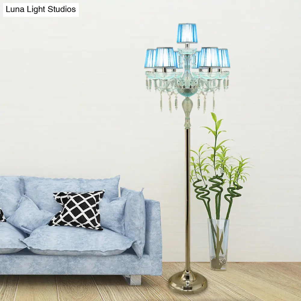 5/6/7-Bulb Traditional Crystal Candelabra Floor Lamp In Blue With Pleated Shade