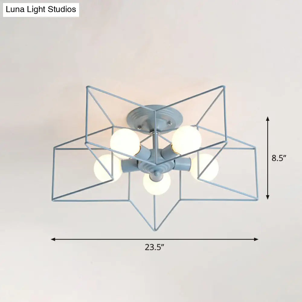 5 - Bulb Iron Star Semi Flush Mount Ceiling Light For Simple Living Room Decor Blue