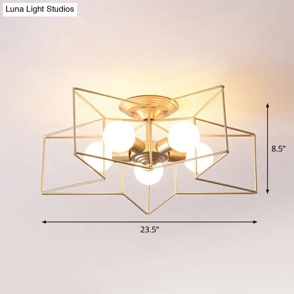 5 - Bulb Iron Star Semi Flush Mount Ceiling Light For Simple Living Room Decor Gold