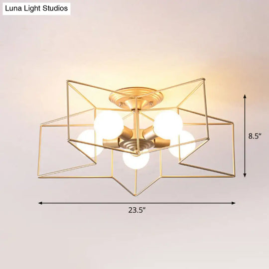 5 - Bulb Iron Star Semi Flush Mount Ceiling Light For Simple Living Room Decor Gold