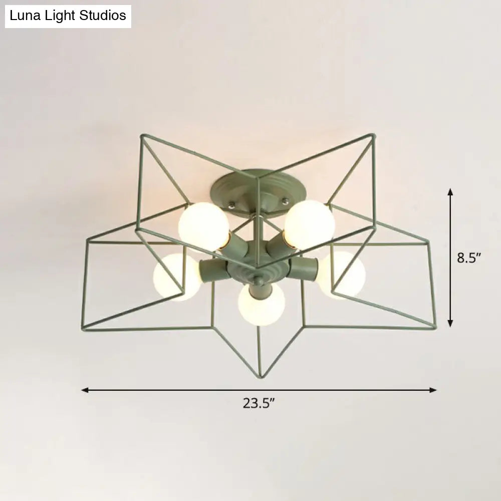 5 - Bulb Iron Star Semi Flush Mount Ceiling Light For Simple Living Room Decor Green