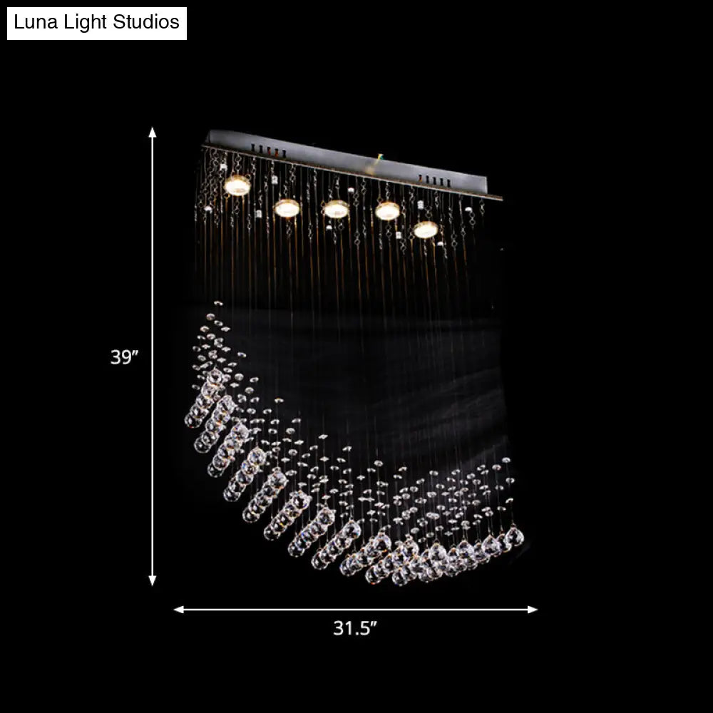 5-Bulb Nordic Satin Nickel Iron Flush Mount Ceiling Lamp With Crystal Drops