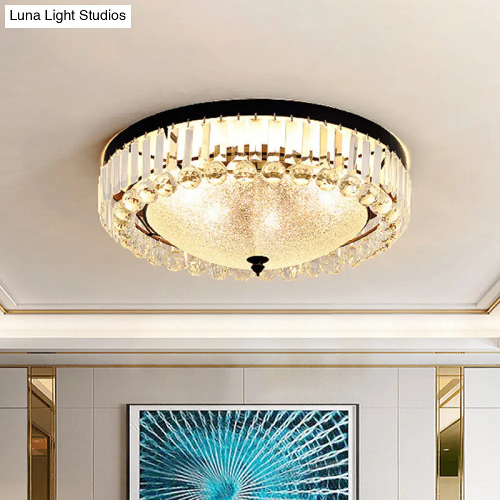 5-Bulb Textured Glass Dome Flush Mount Light In Black With Crystal Accent
