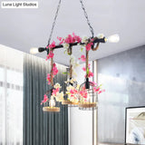 5-Head Birdcage Rope Island Light Fixture: Factory Red/Rose Red Metal Pendant Lamp With Artificial