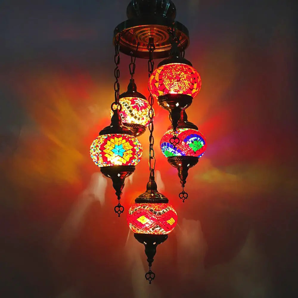 5-Head Cut Glass Chandelier Pendant Light In Traditional Red/Orange/Blue - Perfect For Living Room