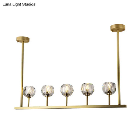 5-Head Linear Crystal Ball Pendant Light In Gold - Elegant Dining Room Ceiling Fixture