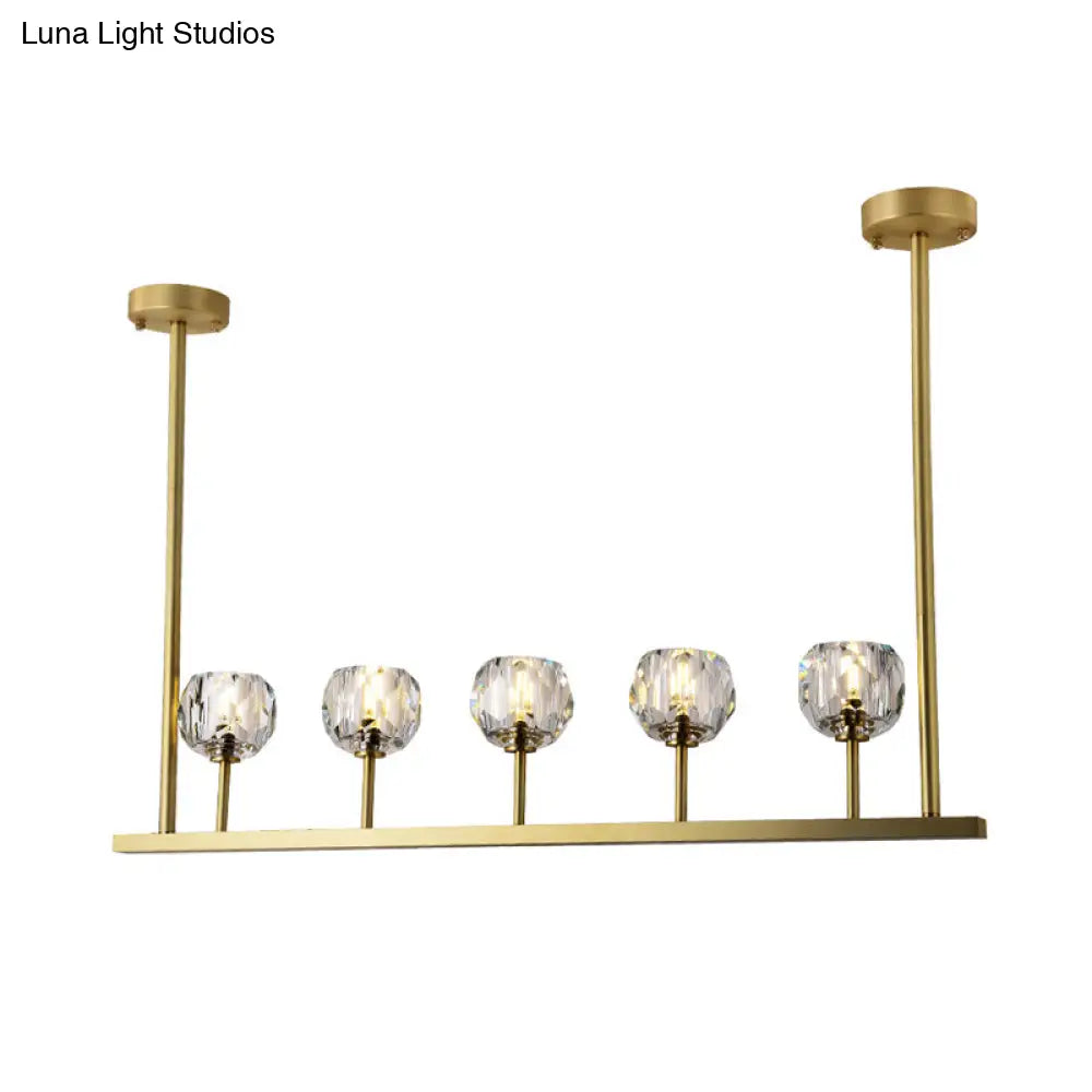 5-Head Linear Crystal Ball Pendant Light In Gold - Elegant Dining Room Ceiling Fixture