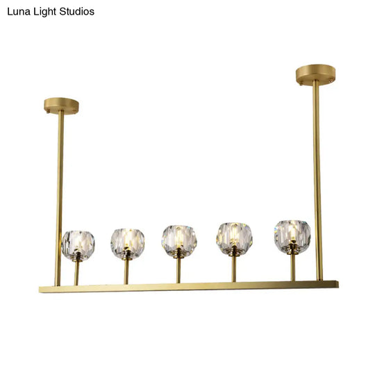 5-Head Linear Crystal Ball Pendant Light In Gold - Elegant Dining Room Ceiling Fixture