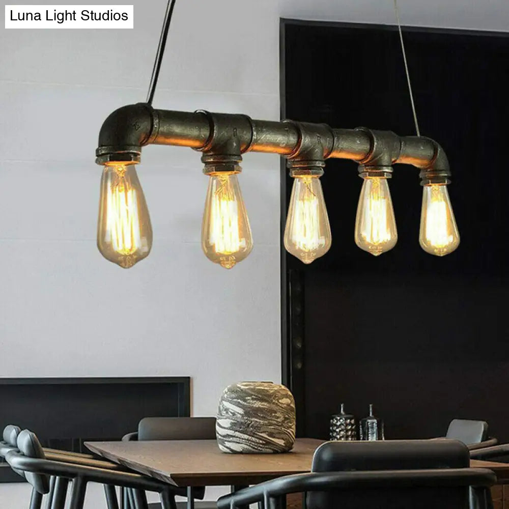 5-Head Steampunk Island Pendant Light With Straight Pipes And Rustic Charm