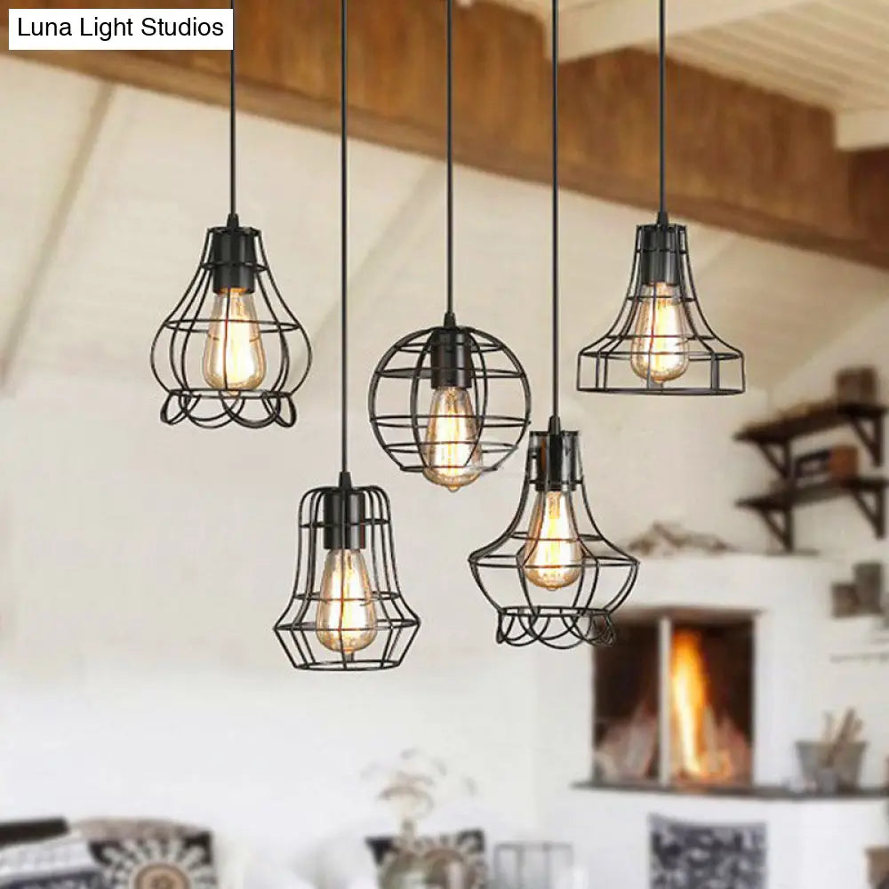 5-Head Vintage Caged Pendant Lighting With Unique Shades - Black Iron Ceiling Fixture For Table