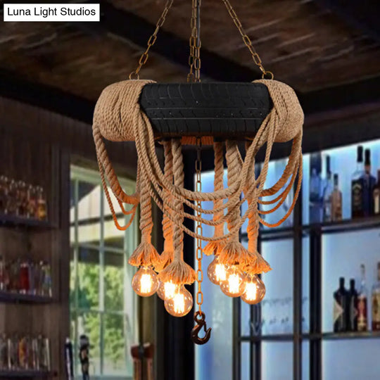 Industrial Black Tyre Chandelier With Hanging Rope - 5-Light Suspension Pendant For Restaurant &