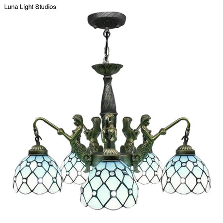 5-Light Tiffany Blue Cut Glass Pendant Chandelier With Mermaid Deco
