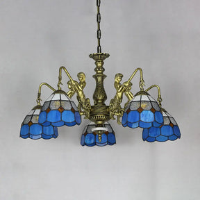 5-Light Tiffany Chandelier: Cut Glass Dome Pendant Lamp In White/Antique Brass With Mermaid Deco