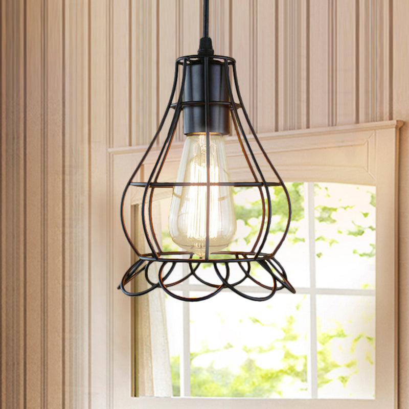 Metal Industrial Pendant Lighting With Flower Cage Shade - Height Adjustable Ceiling Fixture For
