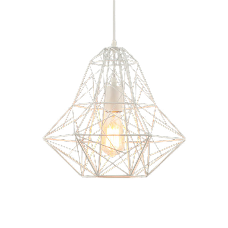 Metallic Industrial Cage Diamond Pendant Lighting - Black/White 1 Head For Dining Room 16’/19.5’ Dia