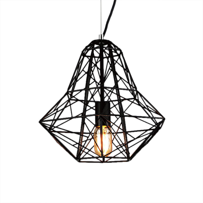 Cage Pendant Diamond Light - Industrial 1 Head Metallic Lamp In Black/White For Dining Room (16/19.5
