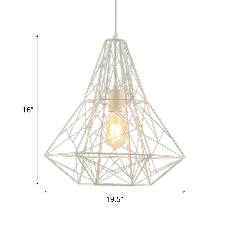 Metallic Industrial Cage Diamond Pendant Lighting - Black/White 1 Head For Dining Room 16’/19.5’ Dia