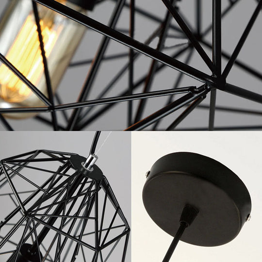 Metallic Industrial Cage Diamond Pendant Lighting - Black/White 1 Head For Dining Room 16’/19.5’ Dia