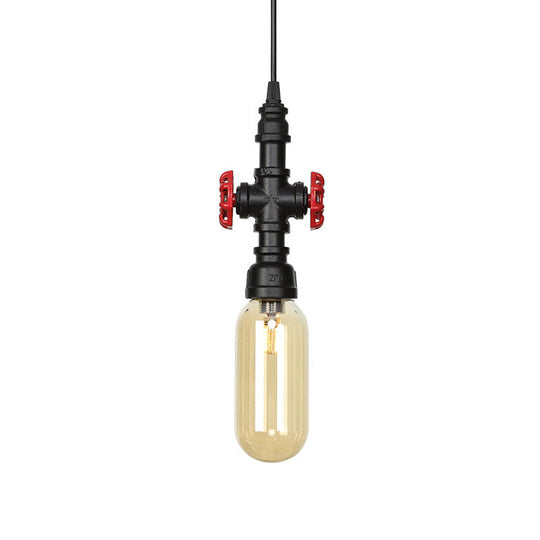 Antiqued Pipe Metal Led Ceiling Light With Amber Glass Shade - Black