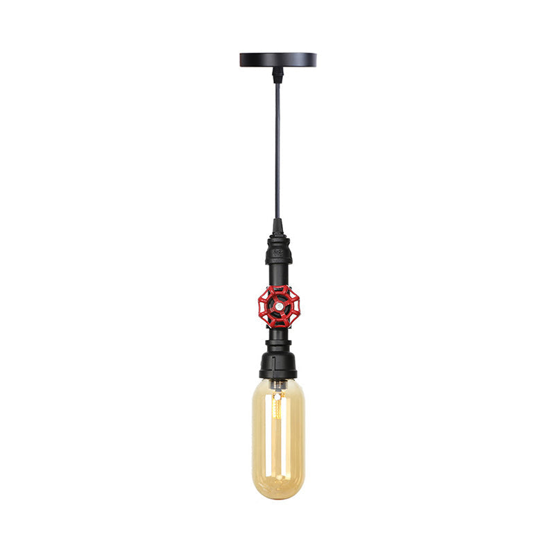 Antiqued Pipe Metal Led Ceiling Light With Amber Glass Shade - Black