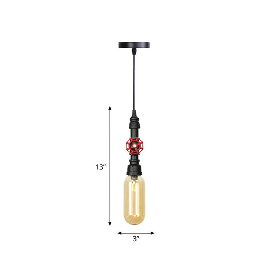 Antiqued Pipe Metal Led Ceiling Light With Amber Glass Shade - Black