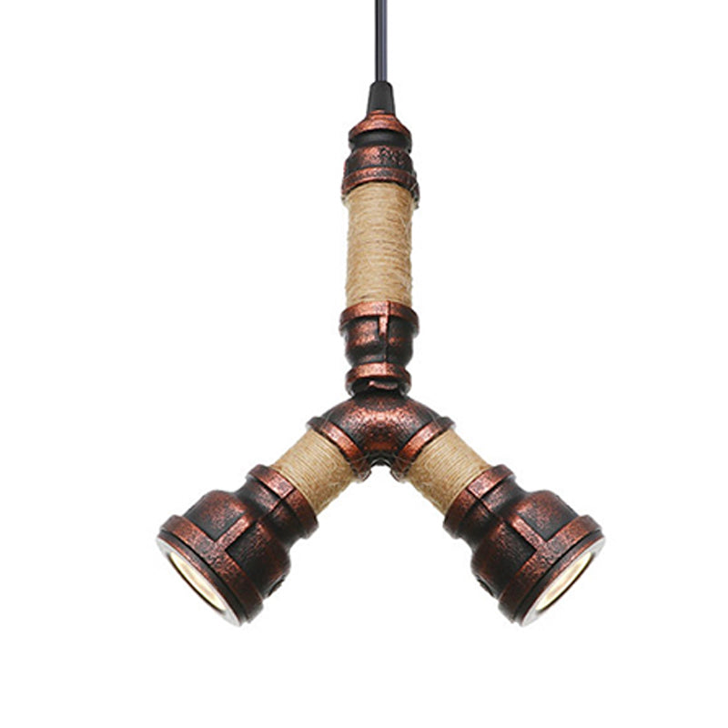 Vintage Water Pipe Chandelier With 2/3 Hanging Pendant Lights In Rust 8’/9’/10’ Width