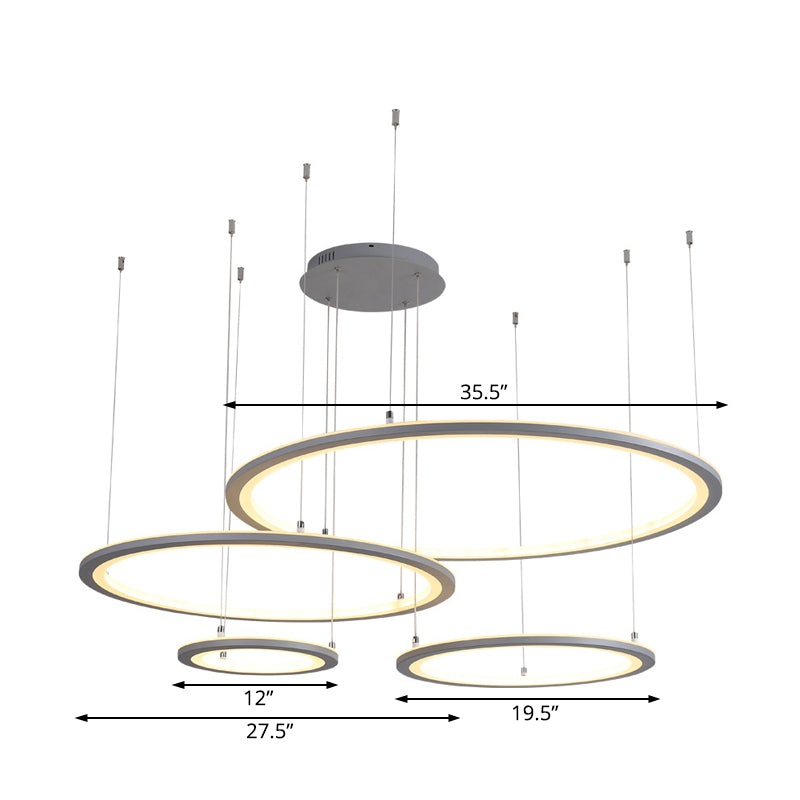 Modern White/Grey Circular Chandelier - 3/4 Lights Acrylic Led Pendant Lamp In White/Warm Light
