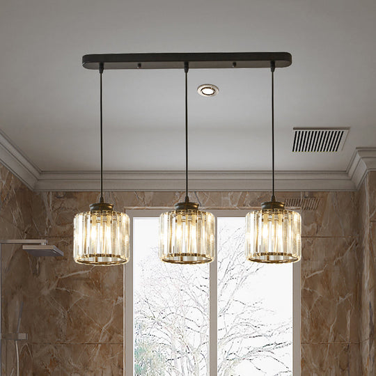 Modernist Drum Crystal Multi-Light Pendant - 3 Lights Black Ceiling Fixture With Linear/Round Canopy