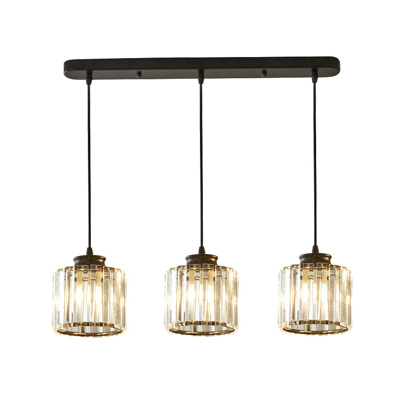 Modernist Drum Crystal Multi-Light Pendant - 3 Lights Black Ceiling Hanging Fixture With