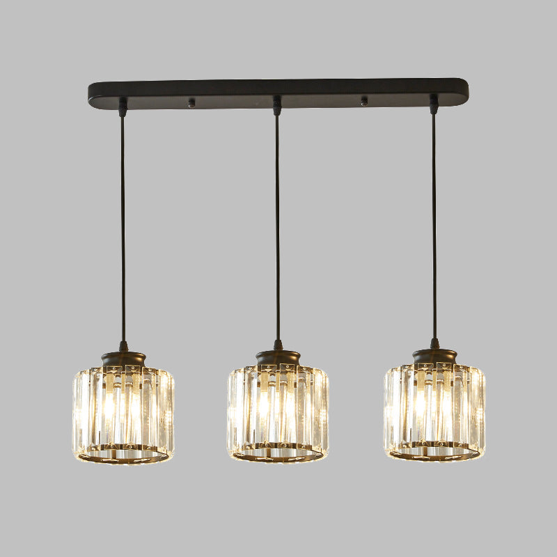 Modernist Drum Crystal Multi-Light Pendant - 3 Lights Black Ceiling Fixture With Linear/Round Canopy
