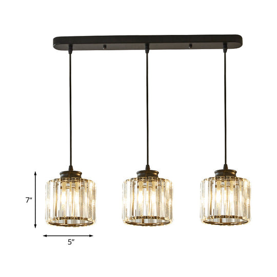 Modernist Drum Crystal Multi-Light Pendant - 3 Lights Black Ceiling Fixture With Linear/Round Canopy