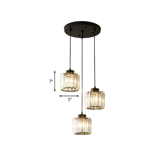 Modernist Drum Crystal Multi-Light Pendant - 3 Lights Black Ceiling Hanging Fixture With