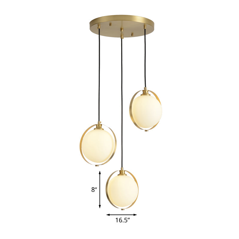 Modern Opal Glass Ball Suspension Pendant Lamp With 3 Heads In Gold