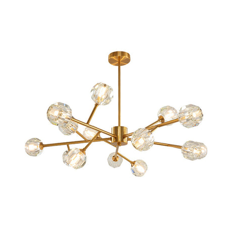 Modernist Gold Ceiling Chandelier With Crystal Shade - 15-Bulb Living Room Suspension Light