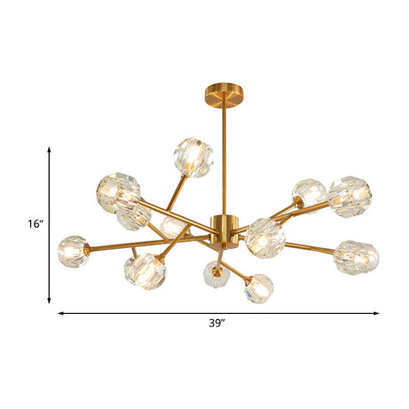 Modernist Gold Ceiling Chandelier With Crystal Shade - 15-Bulb Living Room Suspension Light