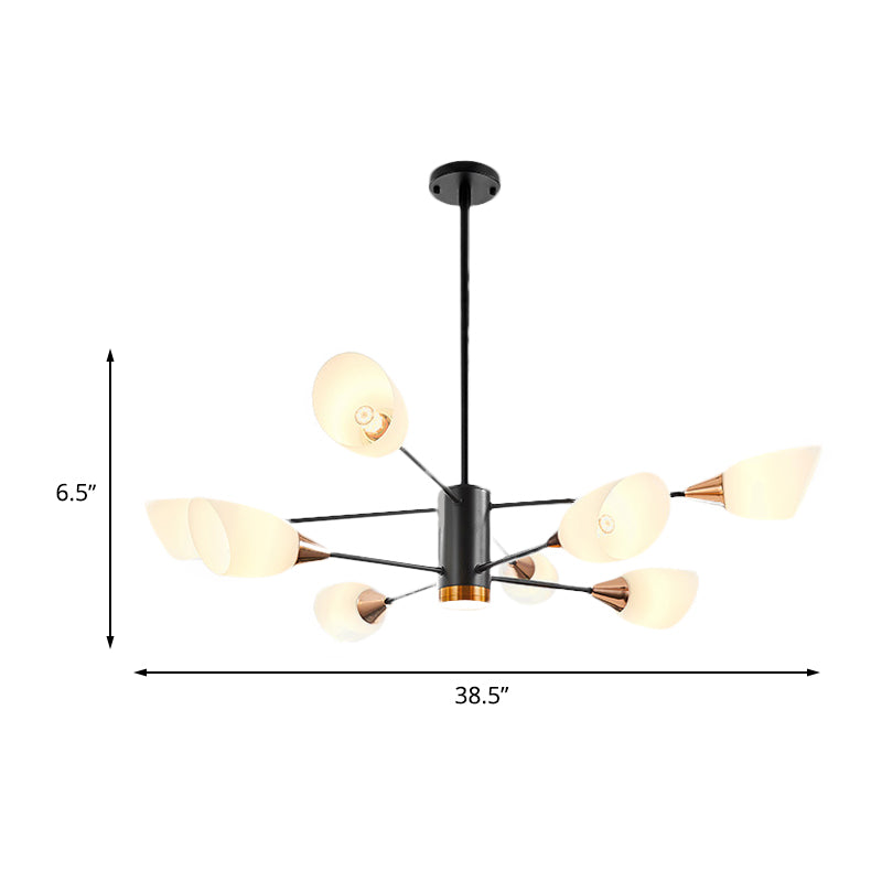 Modern Black Chandelier - 8 Heads Living Room Pendant Light Fixture With Floral Glass Shade