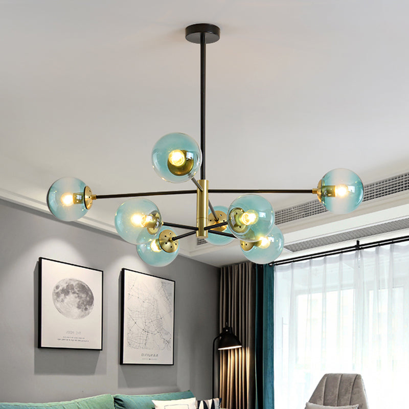 Modern Brass Chandelier With Blue Glass Shades - 8-Light Pendant Fixture