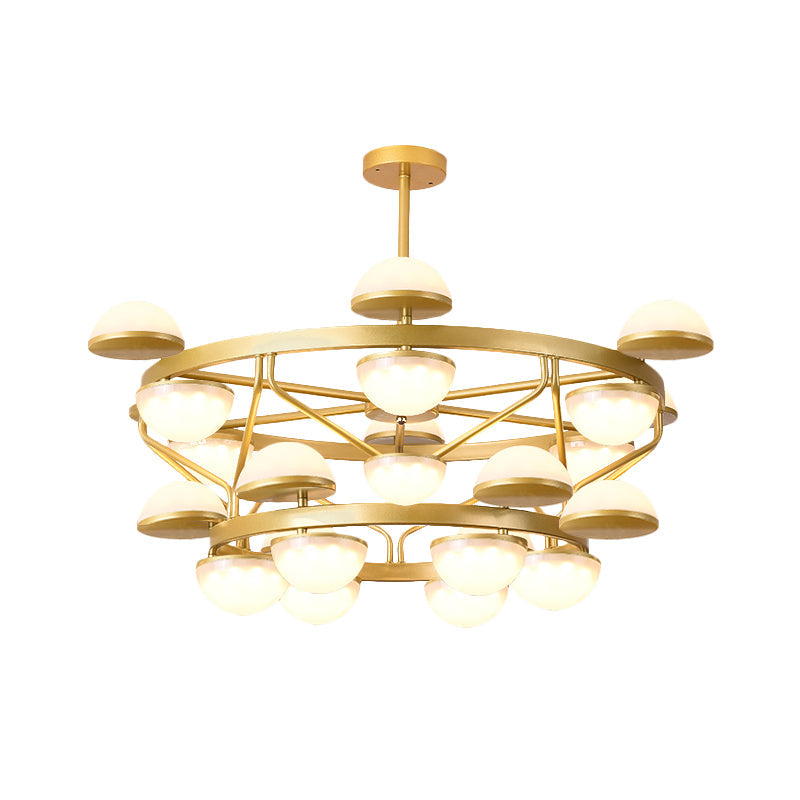Modernist Gold 24-Bulb Semi-Circle Chandelier For Living Room Ceiling - Cream Glass Pendant Light