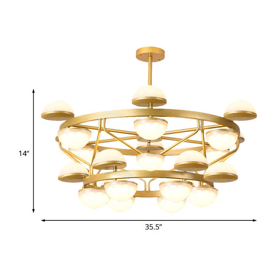 Modernist Gold 24-Bulb Semi-Circle Chandelier For Living Room Ceiling - Cream Glass Pendant Light