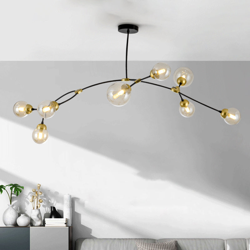Modernist Amber Glass 8 Head Black Linear Pendant Lamp for Living Room Globe Ceiling Chandelier Black