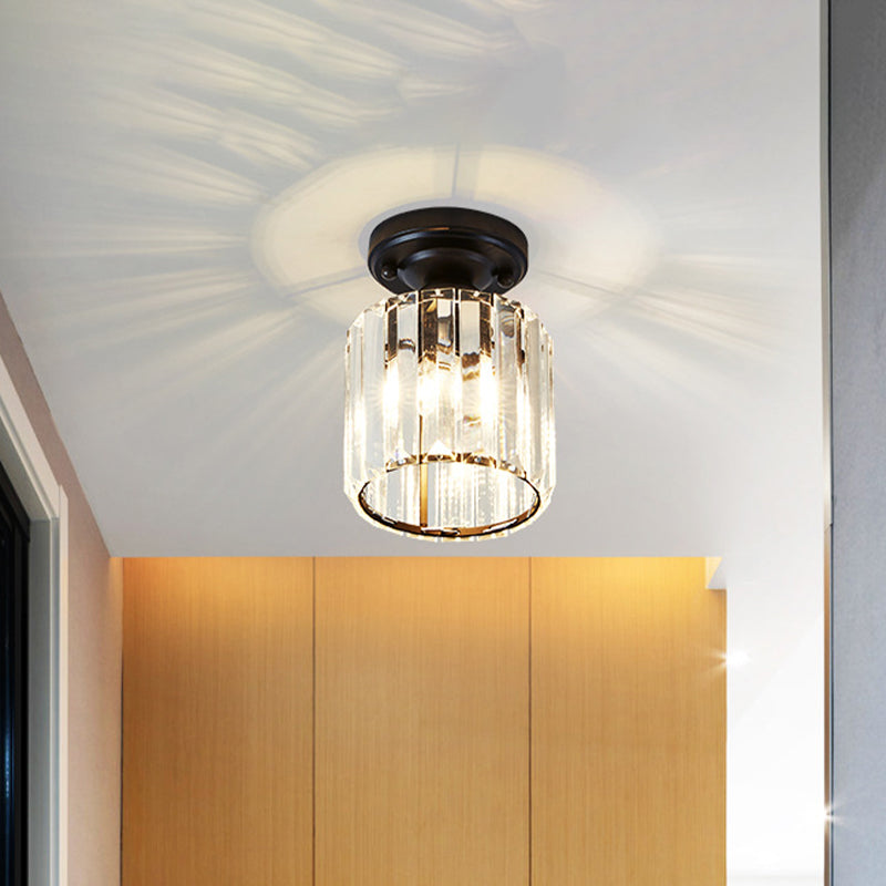 Modernist Flush Mount Ceiling Lamp: Clear Glass Cylinder Black Fixture For Corridor