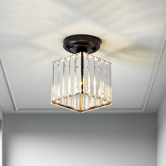 Modern Black Cube Flushmount Lighting With Clear Glass For Hallway - 1 Bulb Flush Mount Fixture