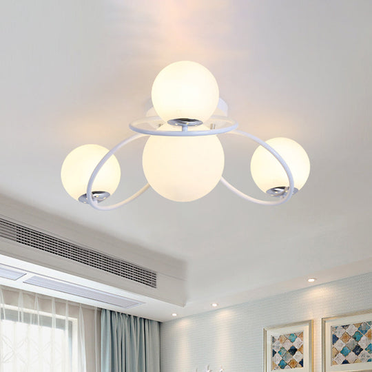 Modern White/Black Flush Mount Ceiling Light With Round Milk Glass Shade - 4-Bulb Bedroom Lighting