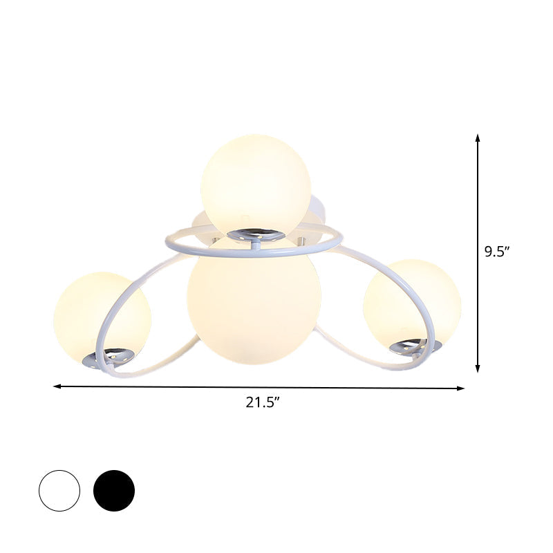 Modern White/Black Flush Mount Ceiling Light With Round Milk Glass Shade - 4-Bulb Bedroom Lighting